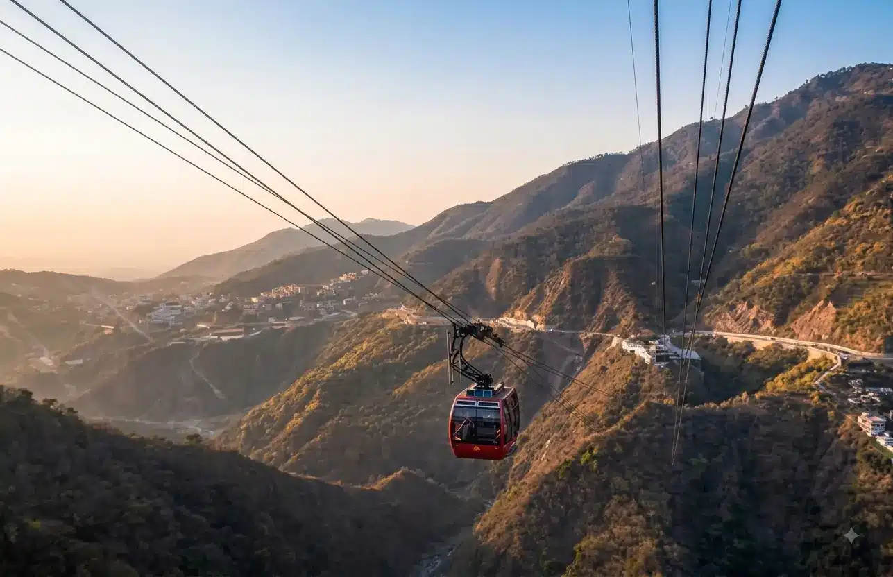The cable car rising over pine valleys to Moksha