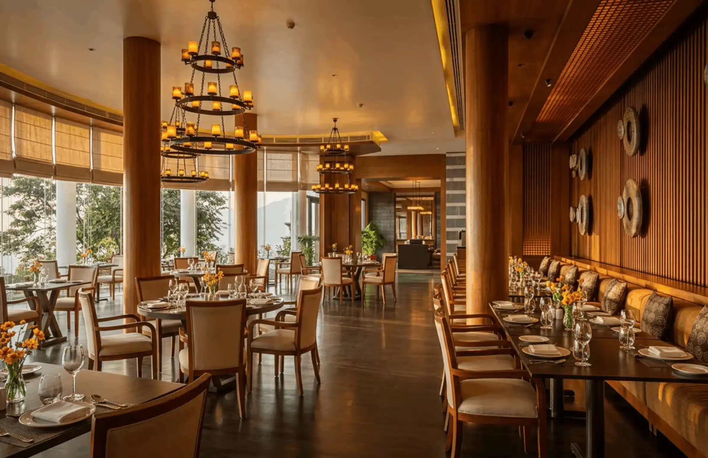 Long dining tables at Moksha