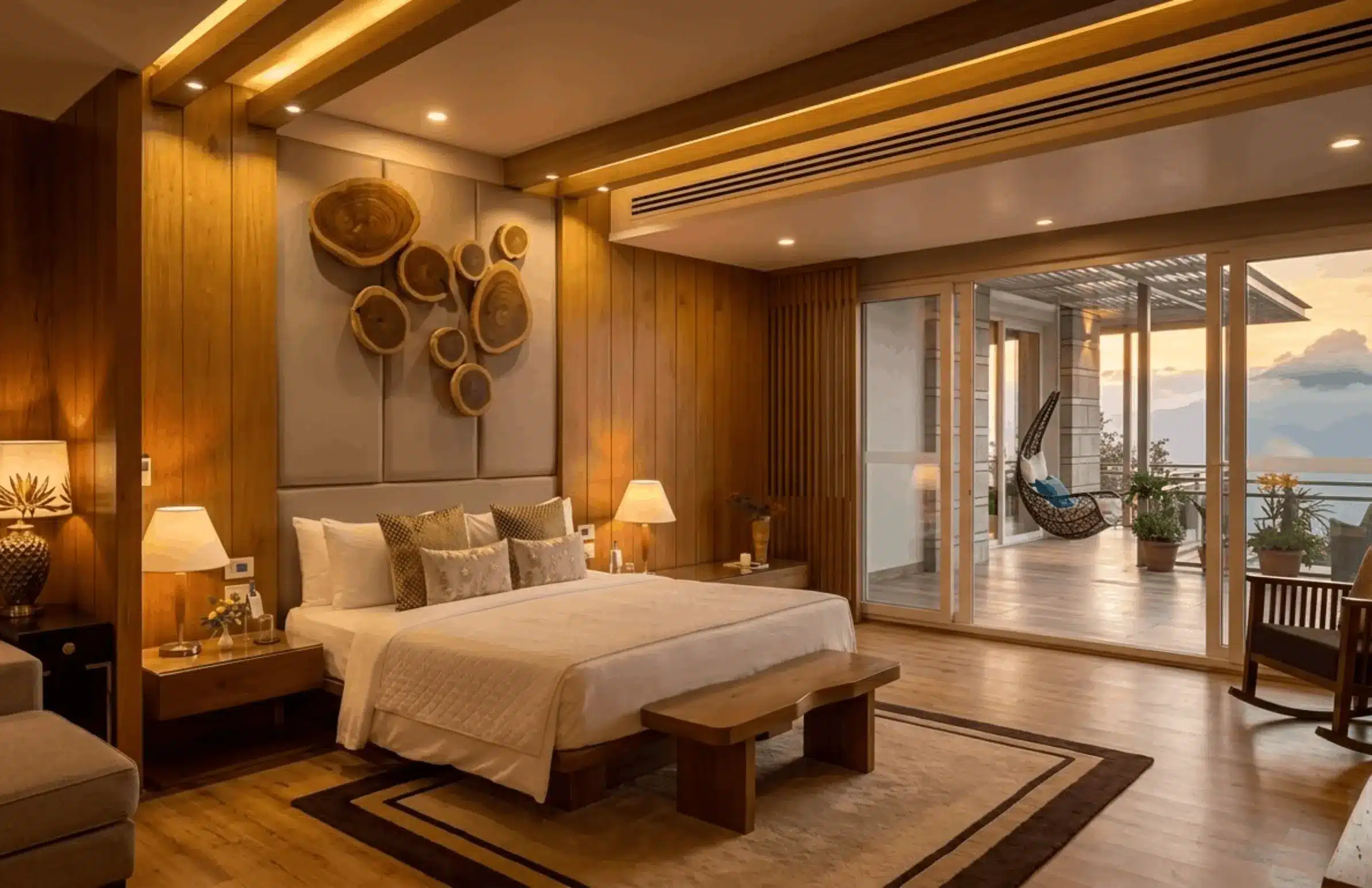 The Moksha suites with king beds and panoramic valley views